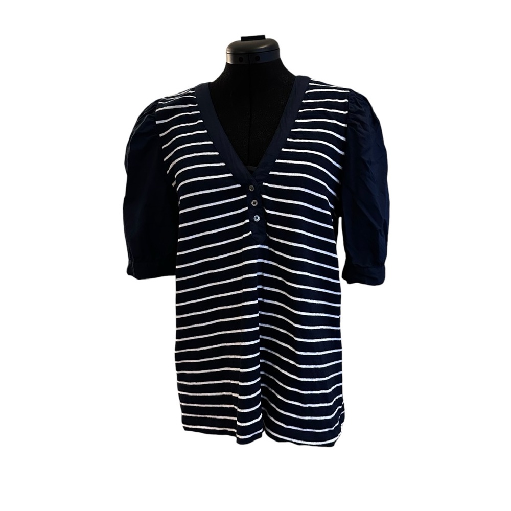 LOFT NAVY & WHITE HORIZONTAL STRIPE WOMENS SIZE L BLOUSE WITH PUFF SLEEVE